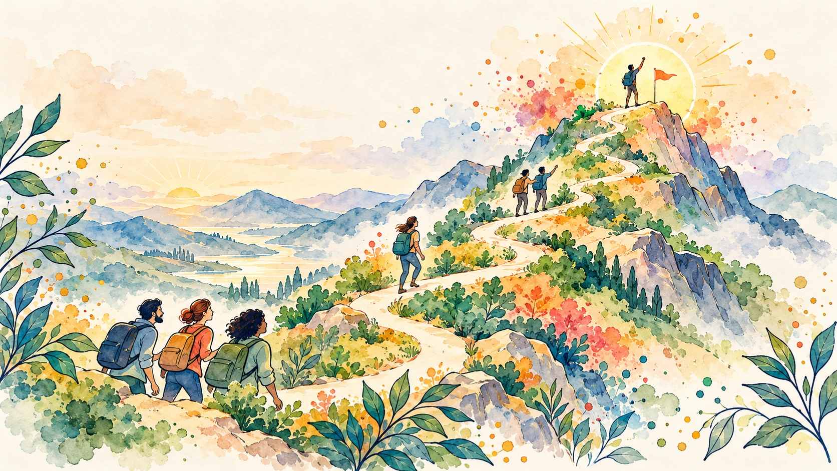 Illustration à l'aquarelle : des personnes montent ensemble un chemin vers un sommet ensoleillé